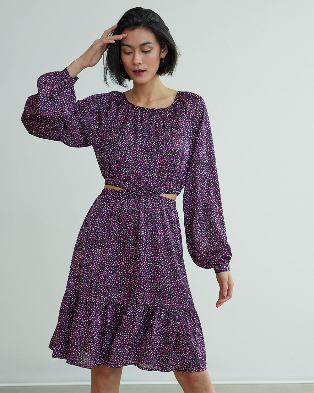 Long-Sleeve Dress with Ruffled Hem and Lateral Cut-Outs