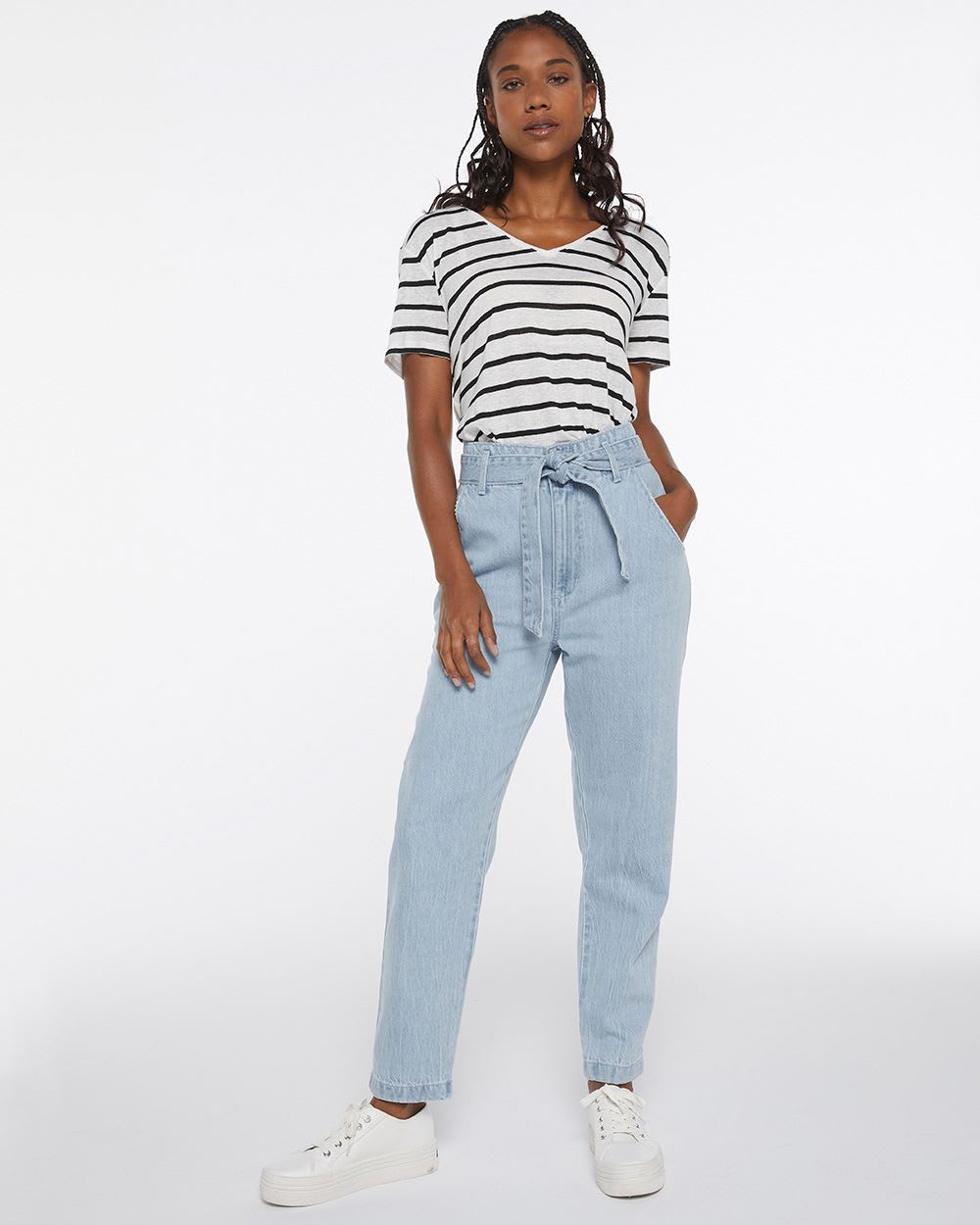 Light Wash Super High Rise Tapered Leg Jean with Sash