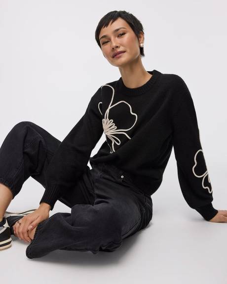 Long-Sleeve Crew-Neck Sweater with Soutache Flowers