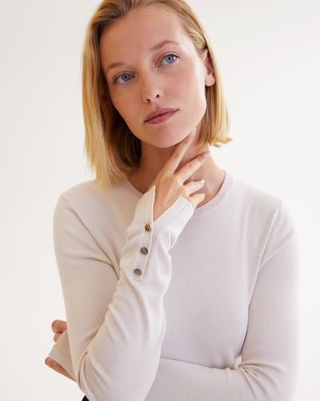 Long-Sleeve Crew-Neck Sweater with Slits at Cuffs