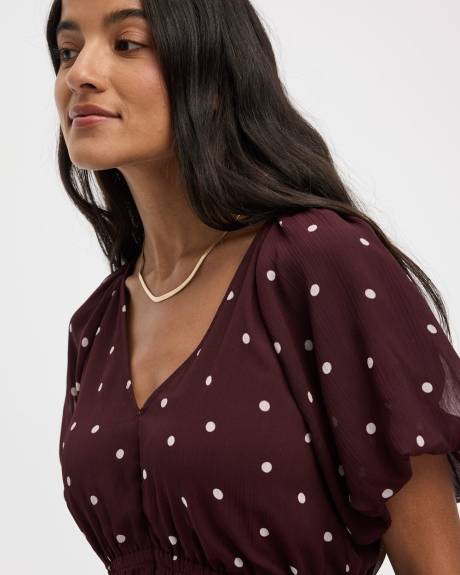 Short-Bubble-Sleeve V-Neck Blouse
