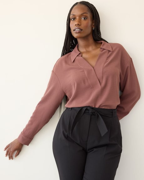 Long-Sleeve V-Neck Blouse with Shirt Collar