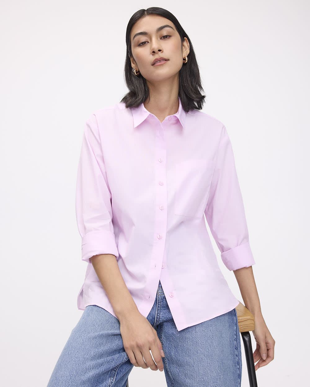 Blouse boutonn&eacute;e hachur&eacute;e &agrave; manches longues avec poche &agrave; la poitrine