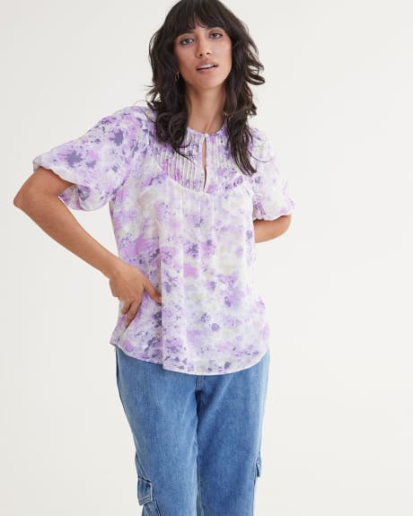 Short-Sleeve Blouse with Pleated Crew Neckline