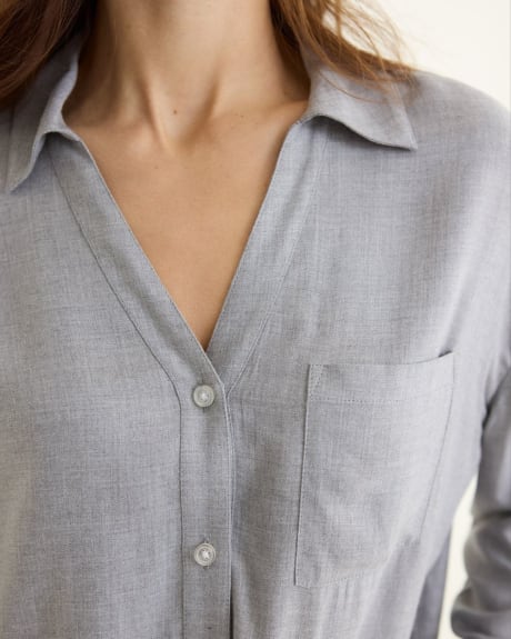 Long-Sleeve Buttoned-Down Blouse with Self-Tie at Hem