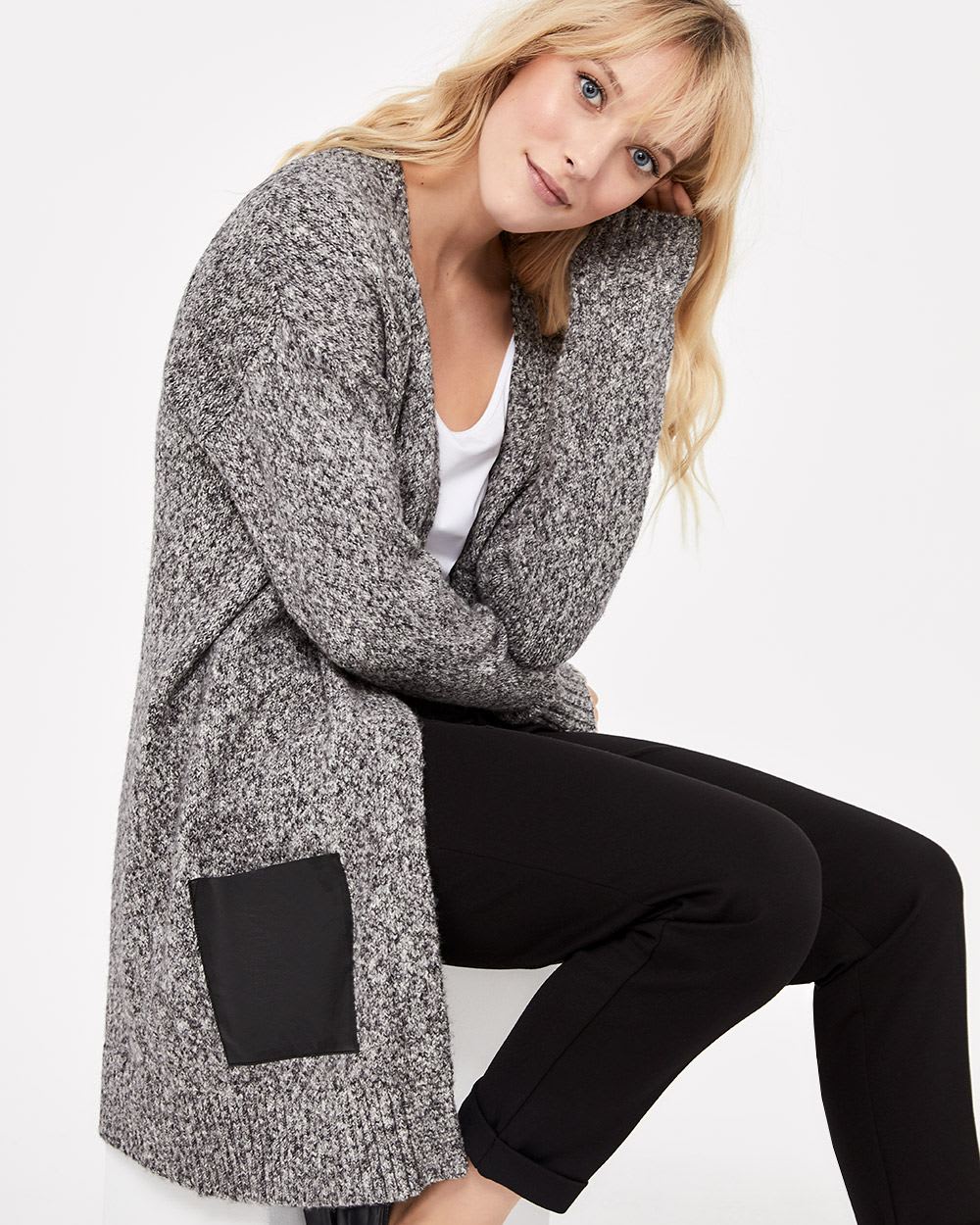 Long Open Cardi with Contrasting Pockets