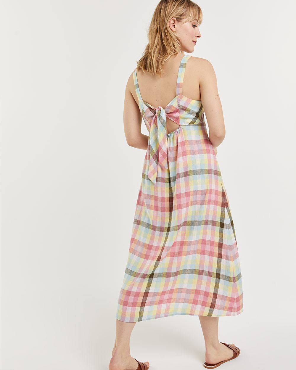 Sleeveless Fit & Flare Linen Plaid Midi Dress with Back Bow