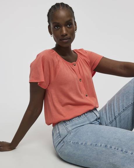 Short-Flutter-Sleeve Open-Neck Buttoned-Down Top