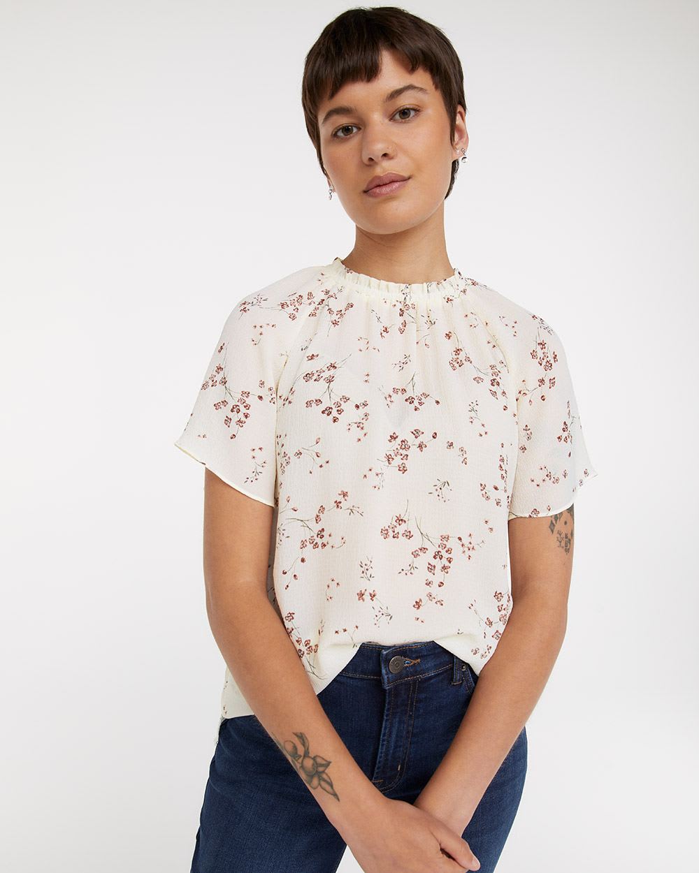 Printed Mock-Neck Blouse with Flutter Sleeves