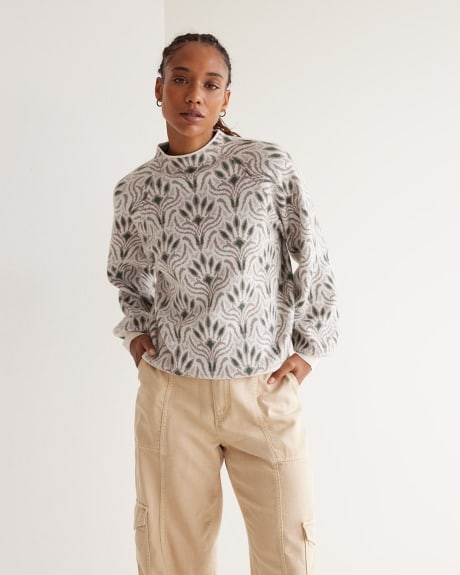 Long-Sleeve Jacquard Sweater with Funnel Neckline