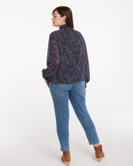 Printed Loose Blouse with Mock Neckline