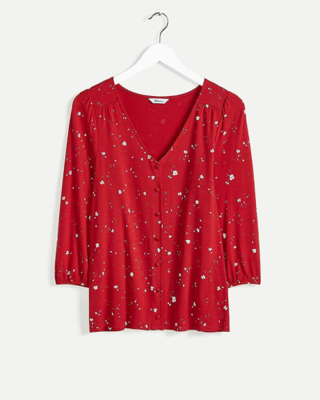 3/4 Sleeve V-Neck Printed Top with Buttons