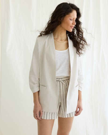 Open Linen Blazer with Rushed Sleeves