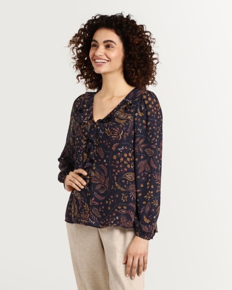 Printed Ruffle V Neck Blouse with Long Sleeves