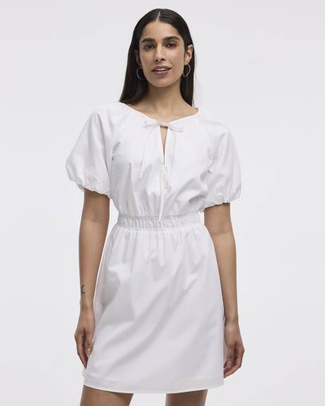 Short-Sleeve Fit-and-Flare Dress with Self-Tie Details at Neckline
