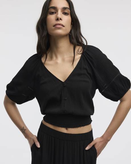 Short-Puffy-Sleeve Top with V Neckline