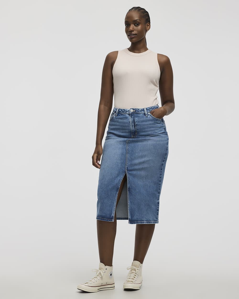 Denim Pencil Midi Skirt