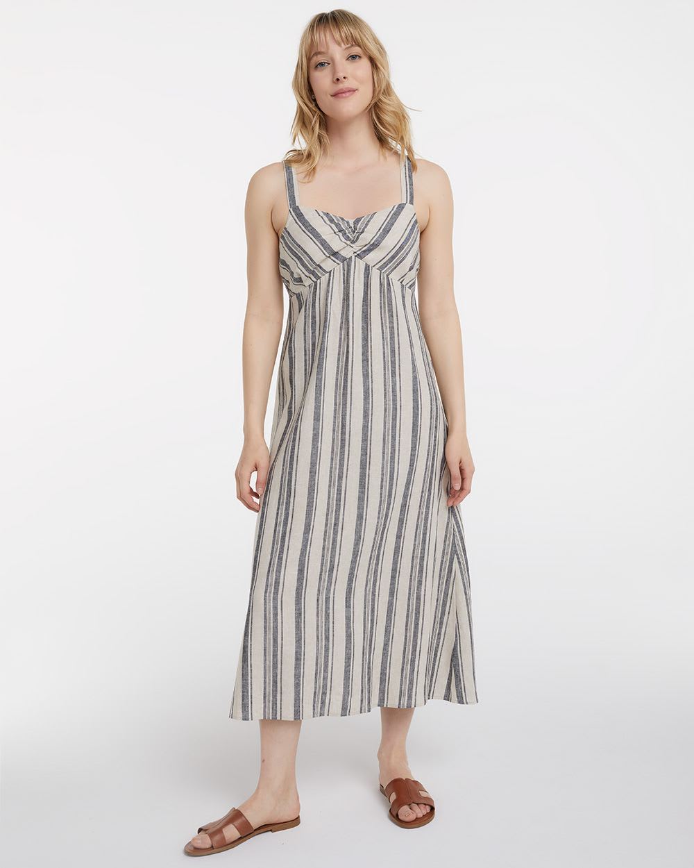 Sleeveless Fit & Flare Striped Linen Midi Dress with Back Bow