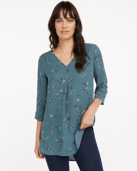 Printed V-Neck Tunic with 3/4 Sleeves