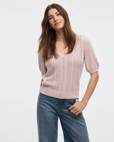Puffy-Elbow-Sleeve V-Neck Sweater