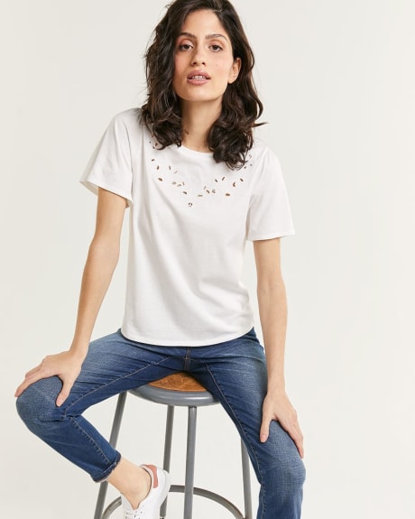 Short Sleeve Crew Neck Tee with Cutouts & Embroidery