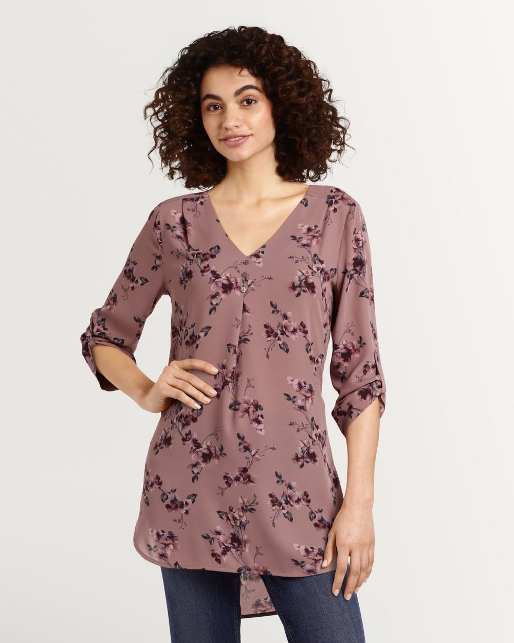 Printed ¾ Sleeve Tunic with Pleat Accents
