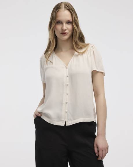 V-Neck Buttoned-Down Blouse with Short Flutter Sleeves