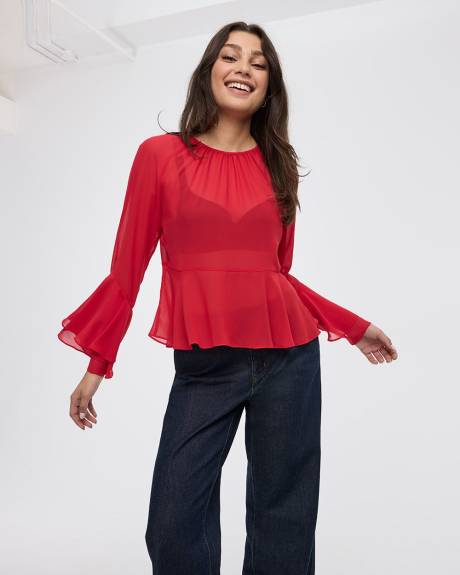 Long-Sleeve Crew-Neck Peplum Blouse