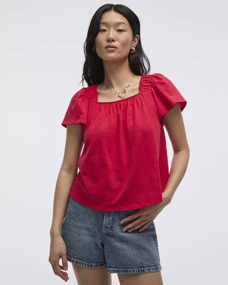 Blouse à col carré et manches courtes à volants