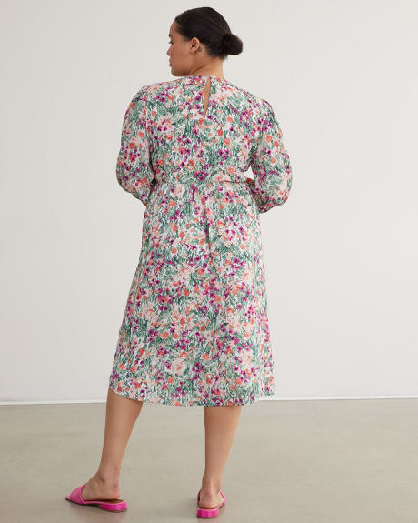 3/4-Sleeve Midi Dress with Smocked Top