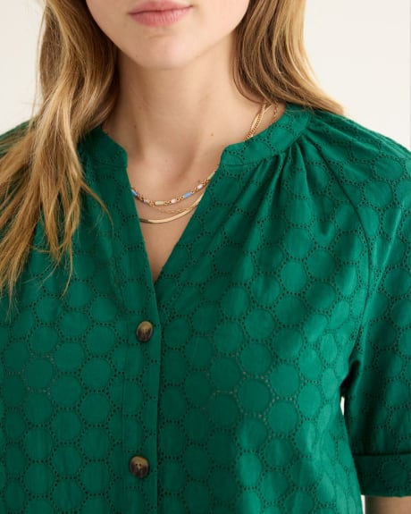 Short-Sleeve Buttoned-Down Eyelet Blouse with Split Neckline