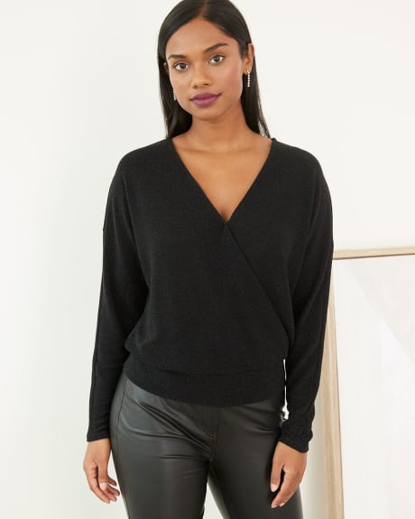 Long-Sleeve Wrap-Neck Shimmer Top