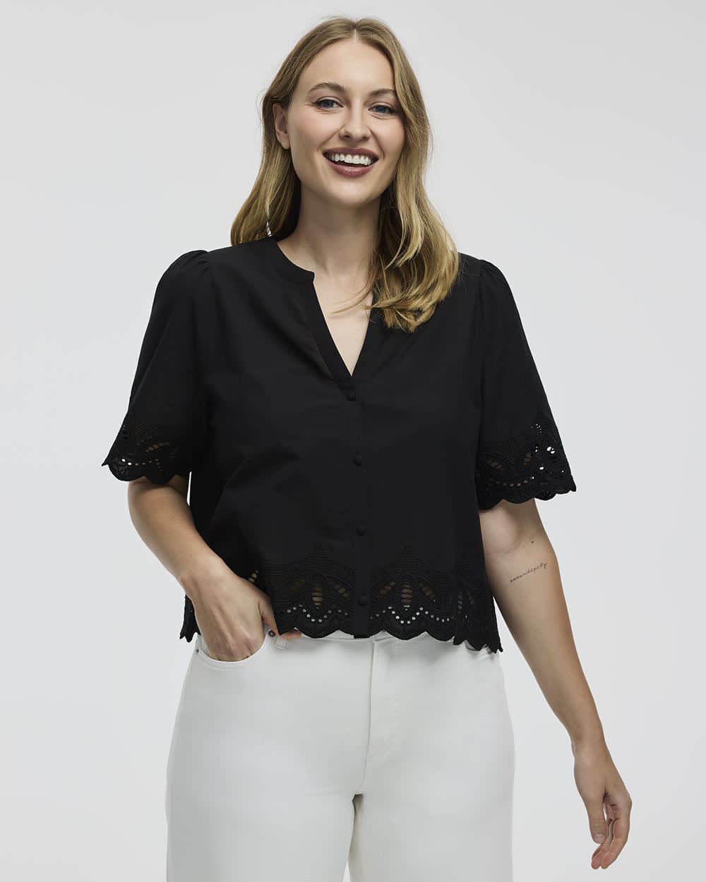 Elbow-Sleeve Split-Neck Blouse with Eyelet Trims
