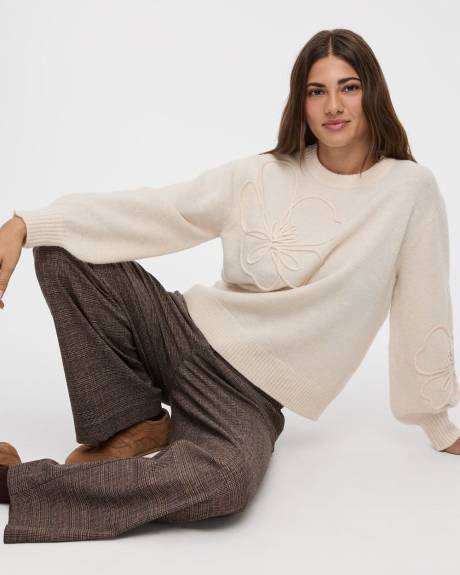 Long-Sleeve Crew-Neck Sweater with Soutache Flowers