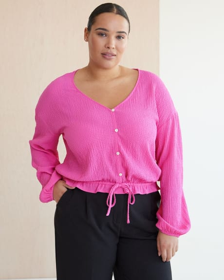 Long-Sleeve V-Neck Blouse with Cinched Waist