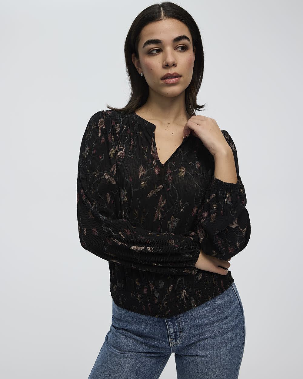 Crinkle-Knit Split-Neck Top