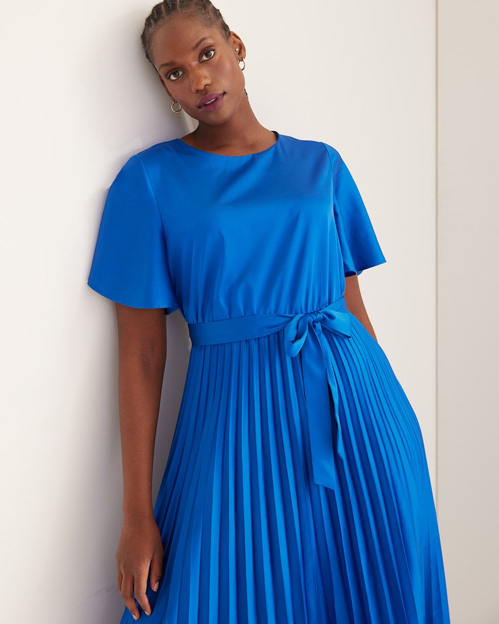 Pleated Maxi Dress with Short Flutter Sleeves