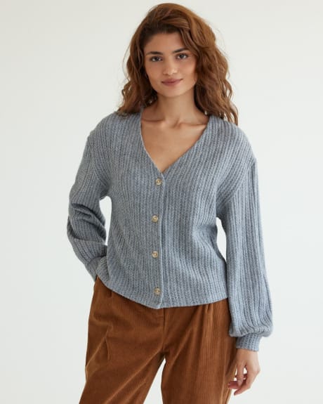 Long-Sleeve V-Neck Buttoned-Down Short Cardigan