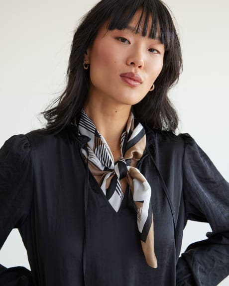Long-Sleeve Shift Dress with Split Neckline