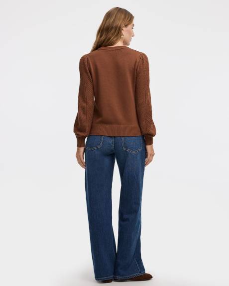 Long-Balloon-Sleeve Crew-Neck Pointelle Sweater