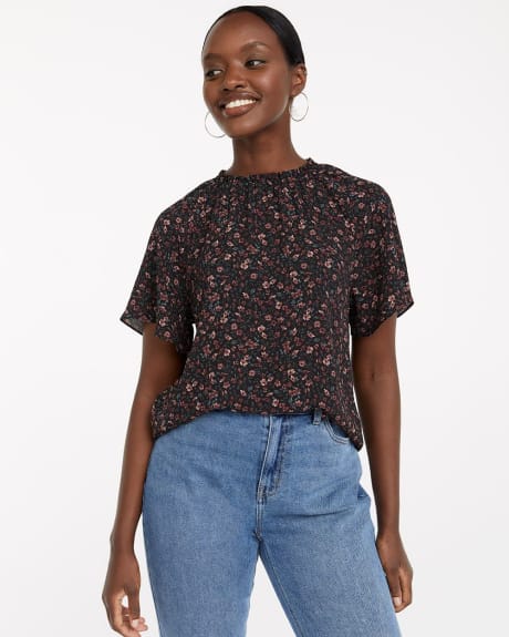 Printed Mock-Neck Blouse with Flutter Sleeves