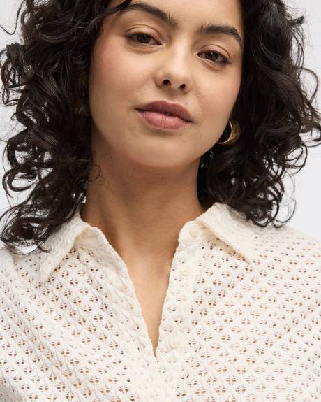 Short-Sleeve Crochet Top with Shirt Collar