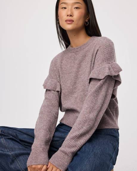 Long-Sleeve Crew-Neck Sweater with Ruffles