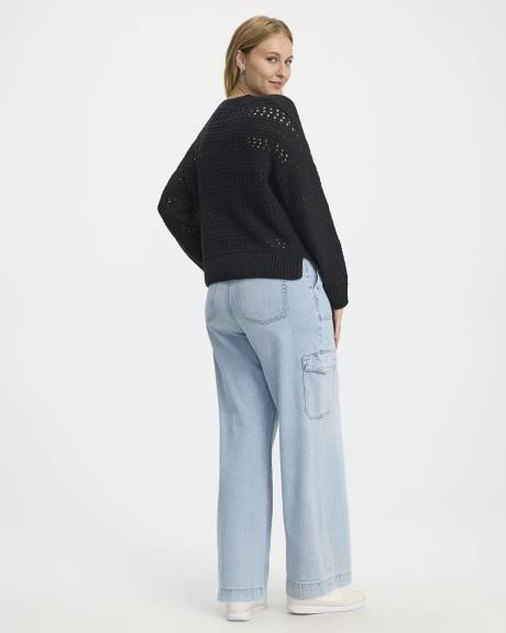 Long-Sleeve Crew-Neck Open-Stitch Pullover