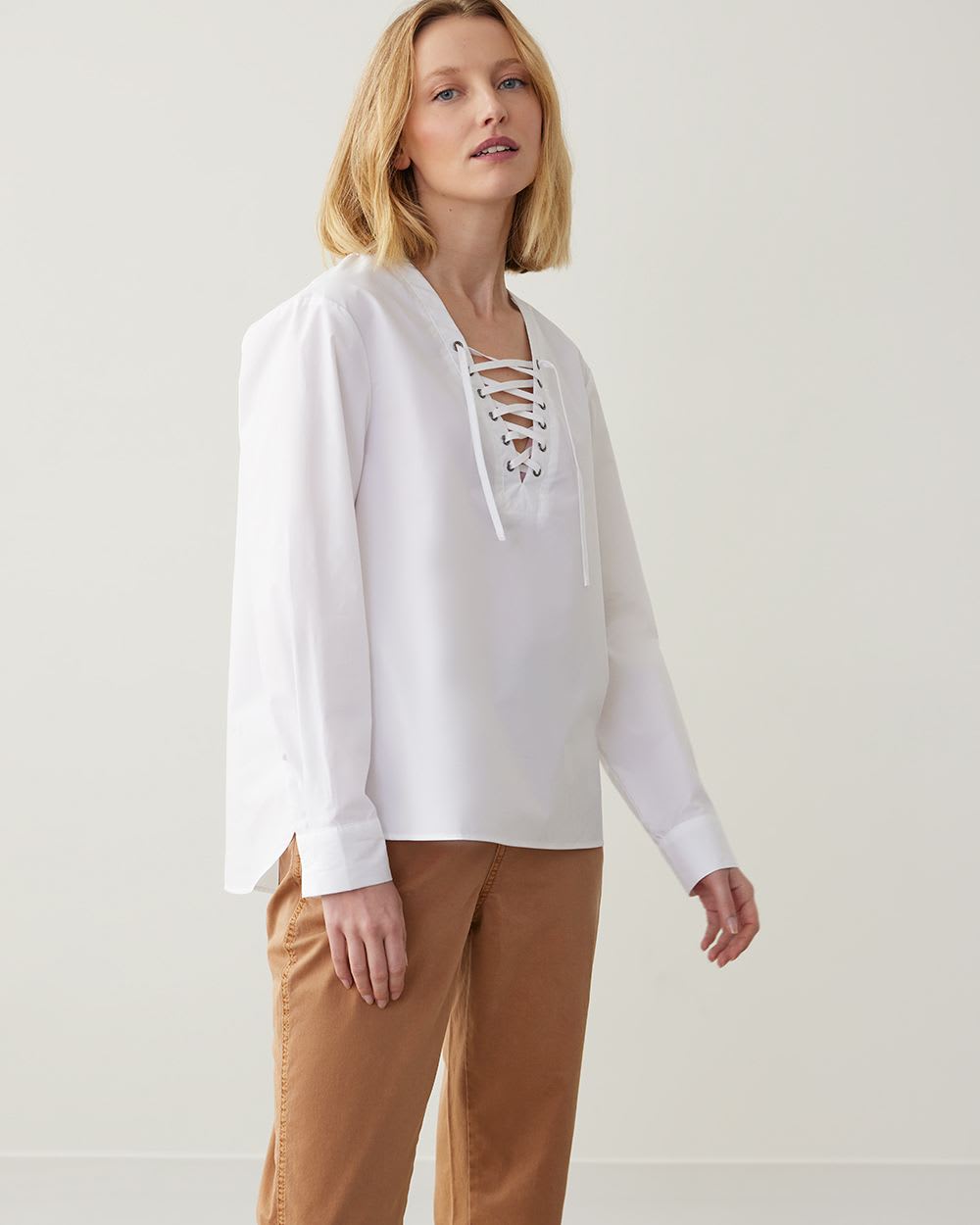 Long-Sleeves Laced-Up V-Neck Blouse