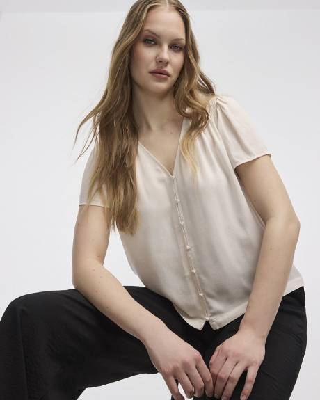 V-Neck Buttoned-Down Blouse with Short Flutter Sleeves