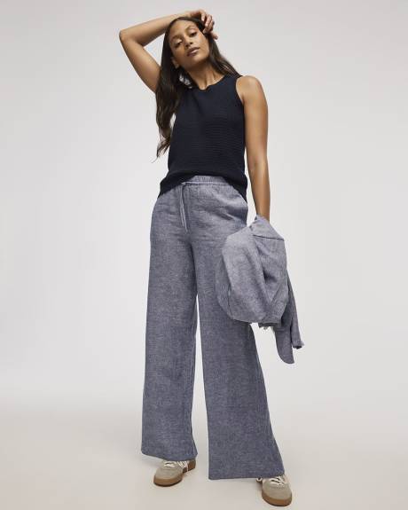 Pantalon en mélange de lin à jambe large et taille haute