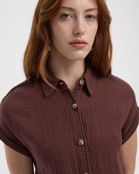 Short-Sleeve Buttoned-Down Dress with Shirt Collar
