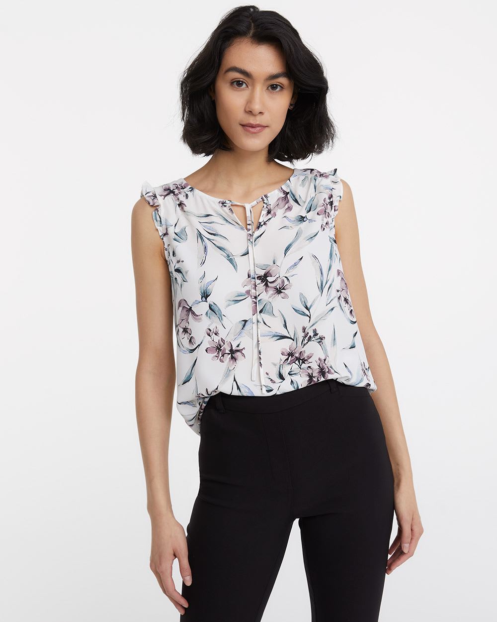 Ruffled Sleeve Crew Neck Printed Top with Tie