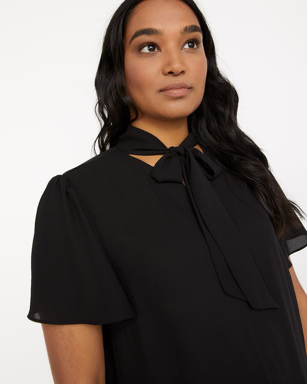 Solid Bow Tie Neck Blouse